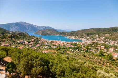 panoramic view of Vathy village in Ithaca islandの写真素材