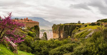 landscape of meteora with monastery on top of the mountain in north Greece
