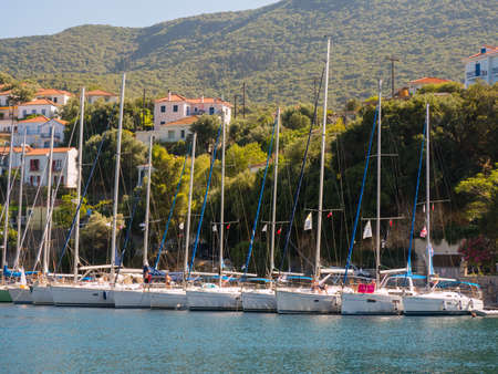 sailing boats with tourists visiting the beautiful island of Ithaca July 27 2015, Greeceの写真素材
