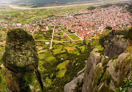 the view of kalabaka town under the rocks of  meteora mountain in north Greeceの写真素材