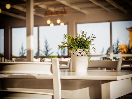 close up of white table with flowers in a restaurant