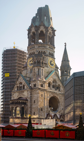 The memorial church with the broken spire and modern bell tower の写真素材