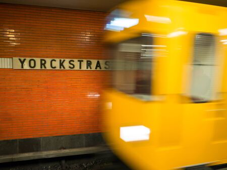 Moving train approaching the train station in Berlin, Germanyの写真素材