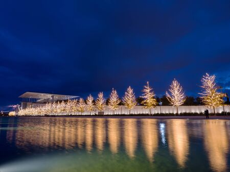 Athens, Greece - January 6,2017: Foundation of Stavros Niarchos culture center decorated with lights late in the afternoonのeditorial素材
