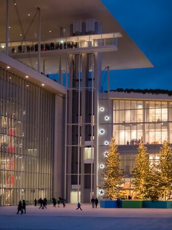Athens, Greece - January 6,2017: Foundation of Stavros Niarchos culture center decorated with lights late in the afternoonのeditorial素材