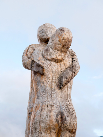 Athens, Greece -  04 January 2017: Wood carving sculptures at the park of lost souls with snow and cloudy sky at Parnitha, Athens, Greeceのeditorial素材