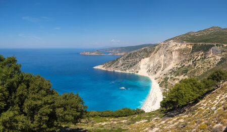 Myrtos beach panoramic view from above in Kefalonia island, Greeceの写真素材