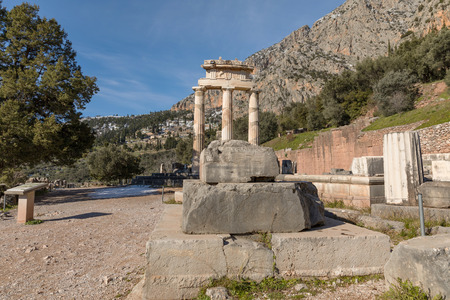Ruins of Athena pronaia temple in Delphi archaeological site in Greece