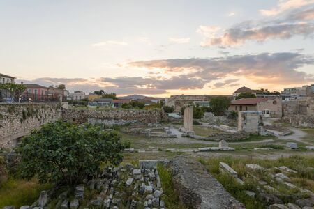Ruins of the ancient Roman market in the historic center of Athens city in Greece