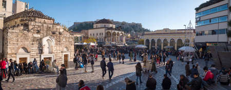 ATHENS - GREECE, JANUARY 5, 2018: The monastiraki square in Athens crowded of people in the afternoonのeditorial素材