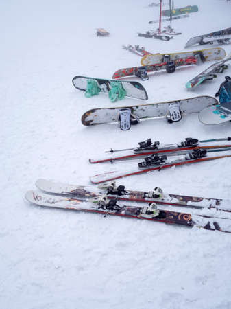 GREVENA, GREECE - MARCH 25, 2018: Close up of ski and snowboard in the snowのeditorial素材