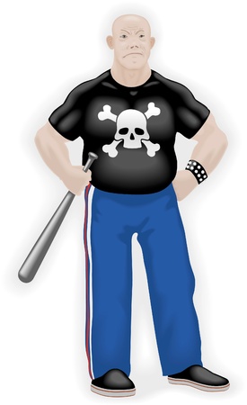 Huge gangster with baseball bat in hand in black T-shirt with printed Scull on itのイラスト素材