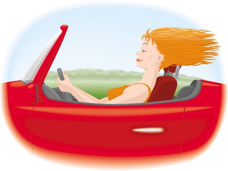 Woman  with red hair driving red carのイラスト素材