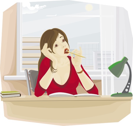 Writing girl with pencil sitting by the tableのイラスト素材