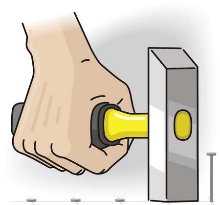 Hand holds the hammer with yellow handle and hammers nails inのイラスト素材