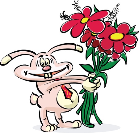 Pink rabbit with bunch of flowers のイラスト素材