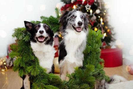 Two border collie dog celebrating holidays inside of a avet garland crown under christmas tree lights.の写真素材
