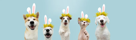 Banner happy easter pets cat and dog spring. Funny cat and dogs wearing bunny ears and floral crown.Isolated on blue colored background.の写真素材
