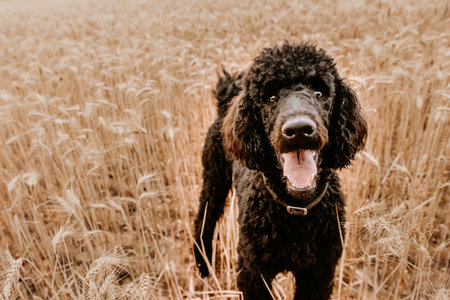 Portrait happy poodle dog inside a wheat field on summer season.