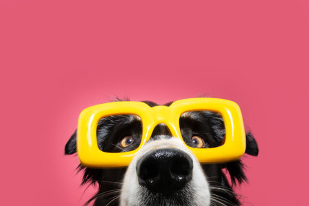 <p>Funny portrait border collie dog wearing yellow glasses celebrating carnival or summer. Isolated on pink background</p>の写真素材