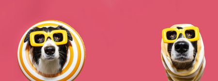 Banner funny dog summer inside of a yellow inflatable ring an wrapped with a towel. Isolated on pink...