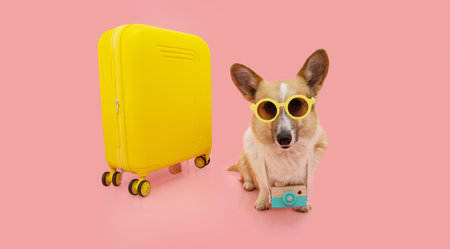 Portrait puppy dog traveling concept. corgi going on vacations wearing sunglasses and camera to take pictures next to a suitcase Isolated on pink backgroundの写真素材