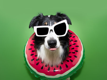 Portrait dog pet summer. Oberder collie inside of a ring float. Isolated on green backgroundの写真素材