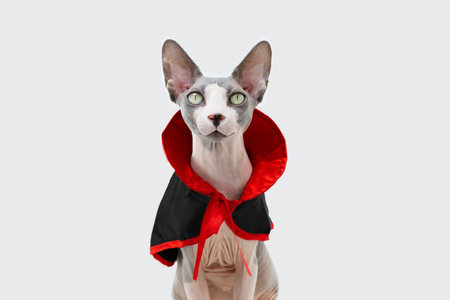 Sphynx cat celebrating halloween, carnival or new year dressed as a vampire. Isolated on white backgroundの写真素材