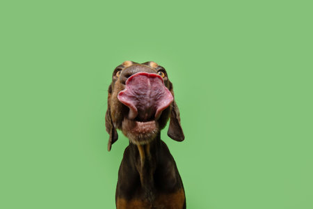 Funny portrait hungry puppy dog licking its lips with tongue. Isolated on green background.