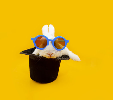 Portrait rabbit bunny pet celebrating carnival, halloween, new year party inside a top hat wearing glasses. Isolated on yellow backgroundの写真素材