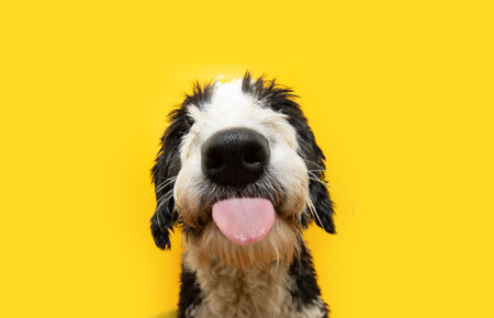 Portrait funny cloe-up sheepdog sticking tongue out. Isolated on yellow backgroundの写真素材