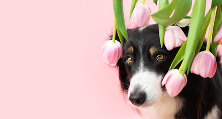 Portrait border collie puppy sog celebrating happy easter on springtime next to tulips flowers. Isolated on pink pastel backgroundの写真素材