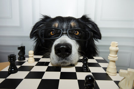 Dog of intelligence concept. clever border puppy playing chess and looking at cameraの写真素材