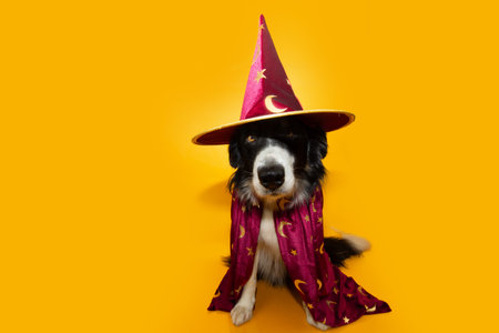 Portrait dog celebrating halloween, carnival or new year. Border collie wearing a magician costume. Isolated on yellow background with copy spaceの写真素材