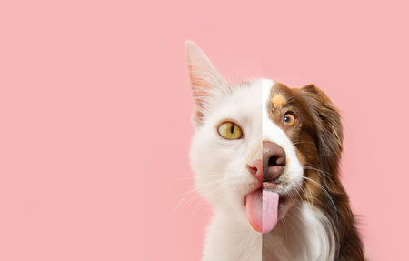 Close up of half dog and cat faces together, Funny pets eating. Dog and cat licking their lips with tongue. Isolated on pink pastel background on summer or spring seasonの写真素材