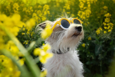 Portrait summer or springtime season. Terrier looking away inside a yellow flowers fieldの写真素材