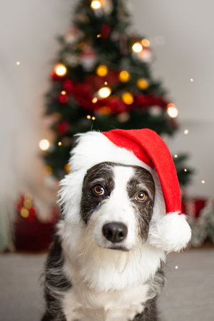 Puppy dog celebrating Christmas dressed as Santa Claus next to Christmas tree and decoration.の写真素材