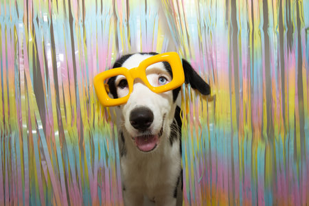Portrait happy puppy dog celebrating carnival or happy new year with a colorful garland a yellow glassesの写真素材
