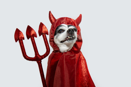 Spooky halloween. Chihuahua dog wearing a devil costume for halloween or carnival holidays. Isolated on white backgroundの写真素材