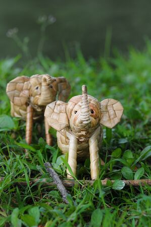Elephant rattan handmade standing through tall grassの写真素材