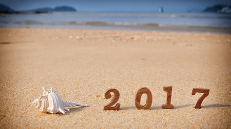 Wood number 2017 on tropical beach, happy new year concept and coral decorative idea