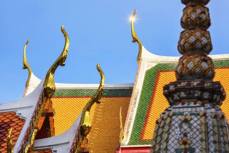 Selective focus roof gable of chapel with flare, thai architecture conceptの写真素材