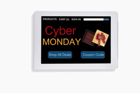 Online shopping website with cyber monday sale on computer tablet screen