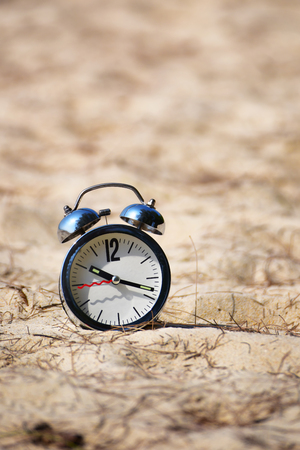 Clock on tropical beach work life balance concept and time management ideaの写真素材