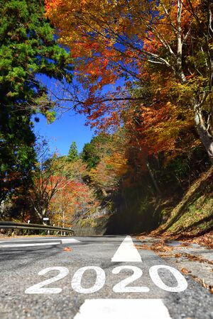 New year 2020 on asphalt road surface with marking lines, fall color conceptの写真素材