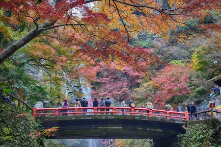 Osaka Japan - November 24, 2019: Local people and tourist in fall colour at Minoh waterfall in Minoo Parkのeditorial素材