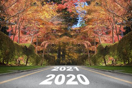 Road 2020 to 2021 with autumn season background, new year road trip concept and fall color ideaの写真素材
