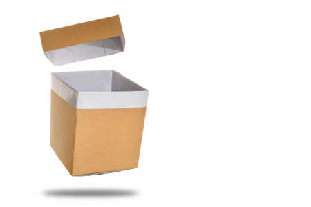 Open brown vintage empty box on white background, holiday and event concept. Copy space for textの写真素材