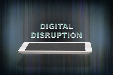 Pattern of green binary code decimal on digital disruption words and smartphone. Disruptive...