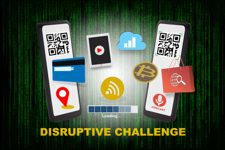Disruptive challenge words and business technology with smartphones on pattern of green binary code...